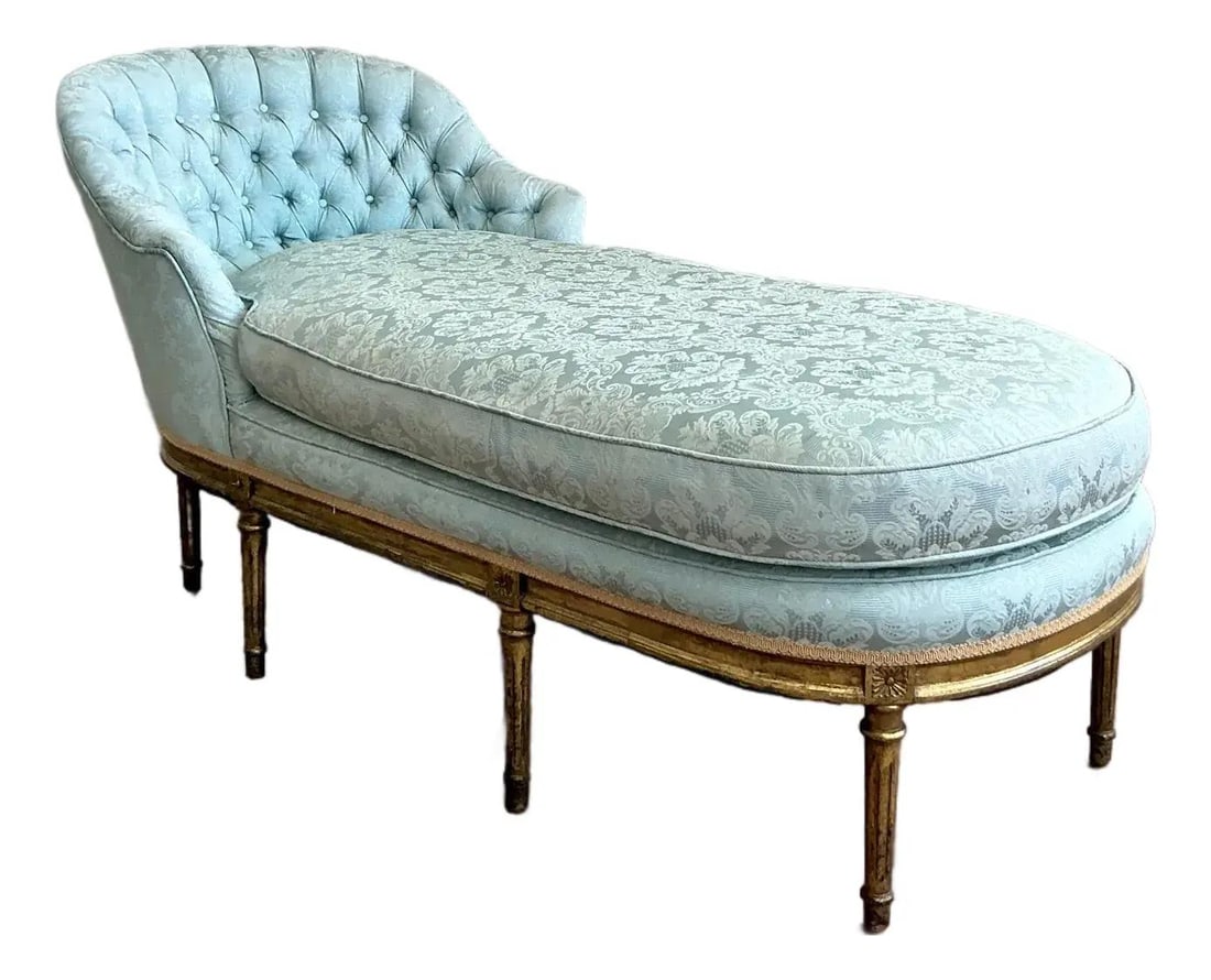 Vintage French Regency Ice Blue Tufted Chaise Lounge: Vintage French Regency Ice Blue Tufted Chaise Lounge Experience the allure of Hollywood glamour with this vintage Regency tufted chaise lounge. Showcasing a stunning French Regency style, it features