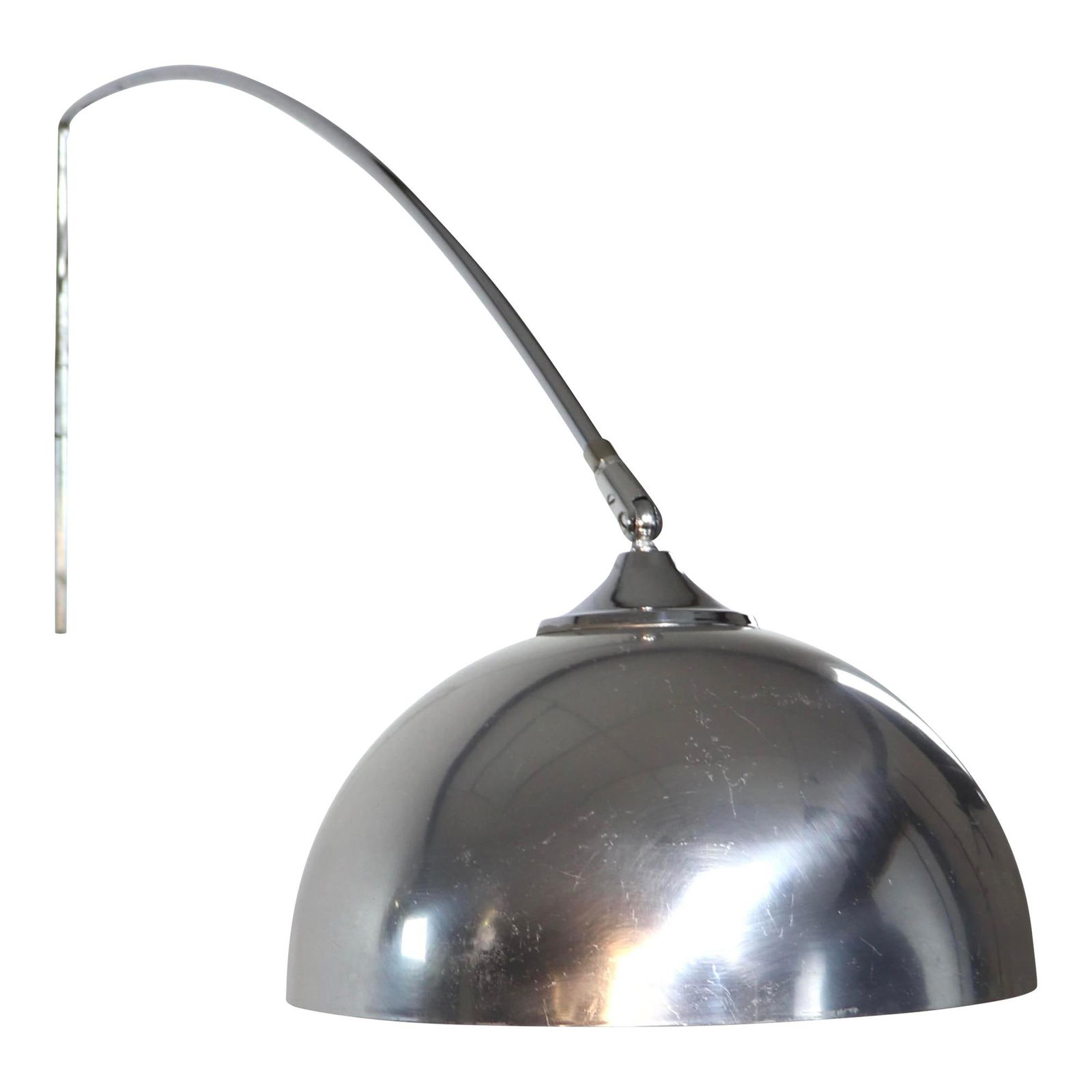 1970s Chrome Wall-Mounted Arc Lamp Sconce 48in Extension Modern Design: 1970s Chrome Wall-Mounted Arc Lamp Sconce 48in Extension Modern Design Discover this striking 1970's Chrome Arc Lamp Sconce, a rare wall-mounted version of the iconic arc lamp design. The elegant arc