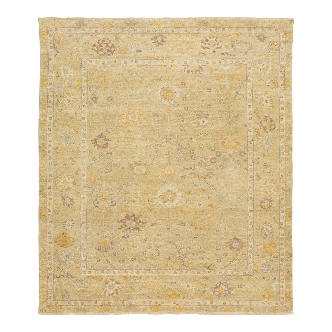 8 x 10 Handmade Tan Floral Oushak Style Wool Rug: 8 x 10 Handmade Tan Floral Oushak Style Wool Rug Enhance your living space with this exquisite handmade contemporary Oushak-style wool rug. Featuring a striking tan background, it is beautifully adorn