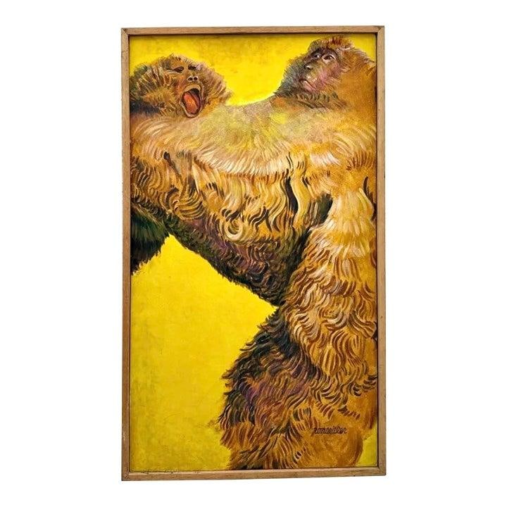 Abstract Primate Canvas Artwork With Bold Golden Background: Abstract Primate Canvas Artwork With Bold Golden Background This vintage boho abstract painting features two expressive monkeys set against a golden-yellow background. The artist uses dynamic ochre, b