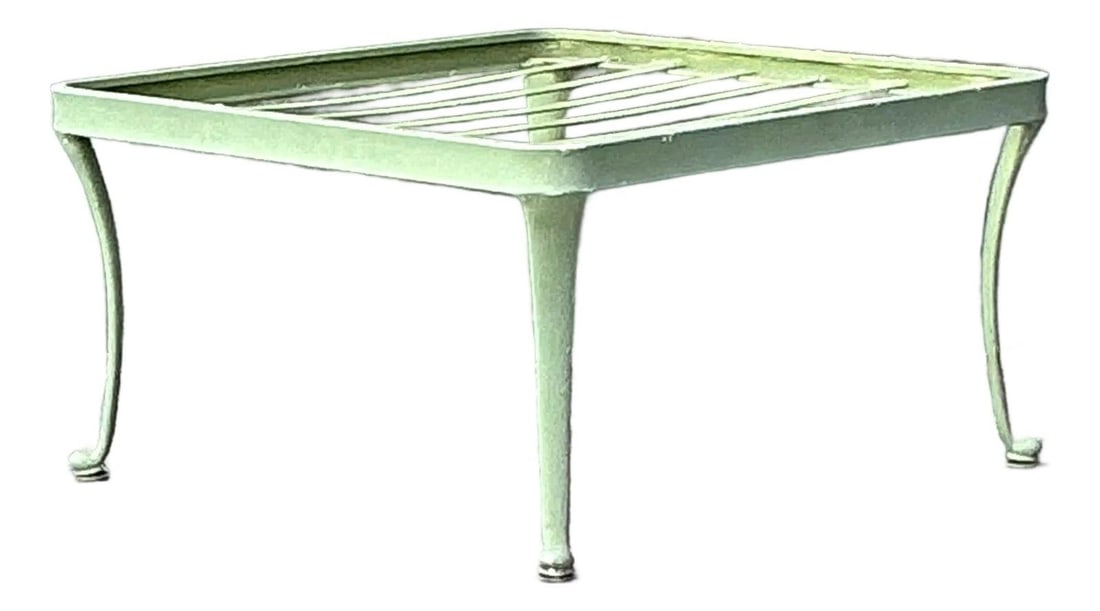 Florentine Cast Aluminum Ottoman With Sage Green Finish Mid-Century Boho Style: Florentine Cast Aluminum Ottoman With Sage Green Finish Mid-Century Boho Style This vintage Brown Jordan ottoman from the "Florentine" collection embodies classic Mid-Century Hollywood Regency style.