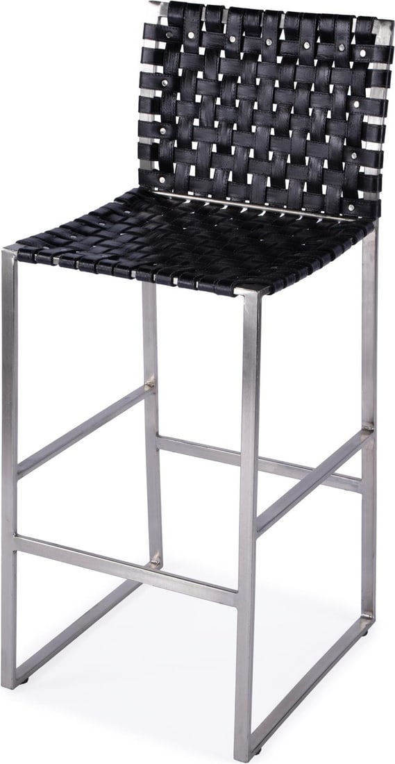 Industrial Style Black Leather Bar Stool by Butler 42H: Industrial Style Black Leather Bar Stool by Butler 42H Elevate your dining experience with this sophisticated black leather bar stool, perfectly designed for modern interiors. This bar stool features