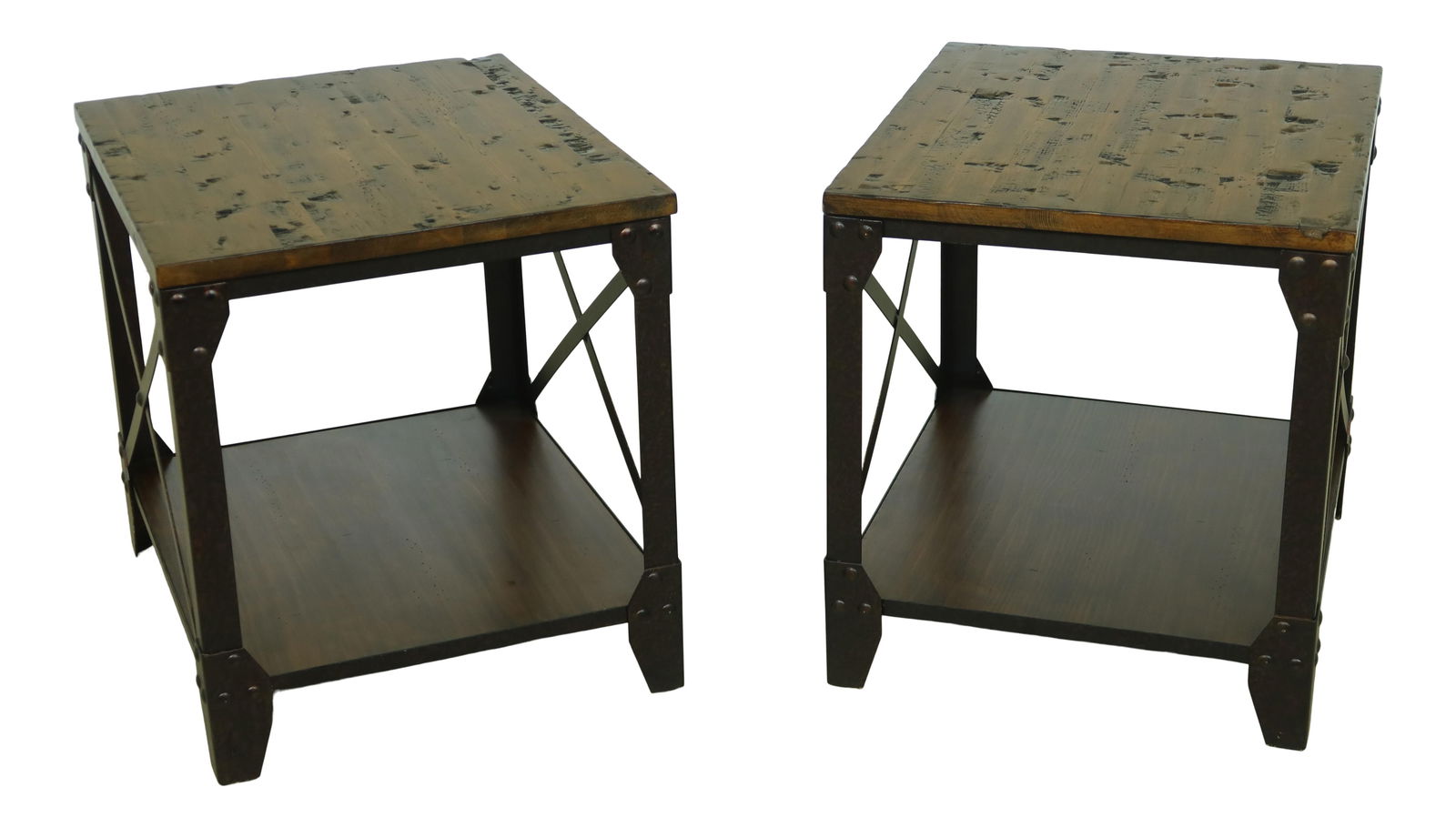 Stylish Pair of Distressed Wood Metal Industrial End Tables (1 of 8)