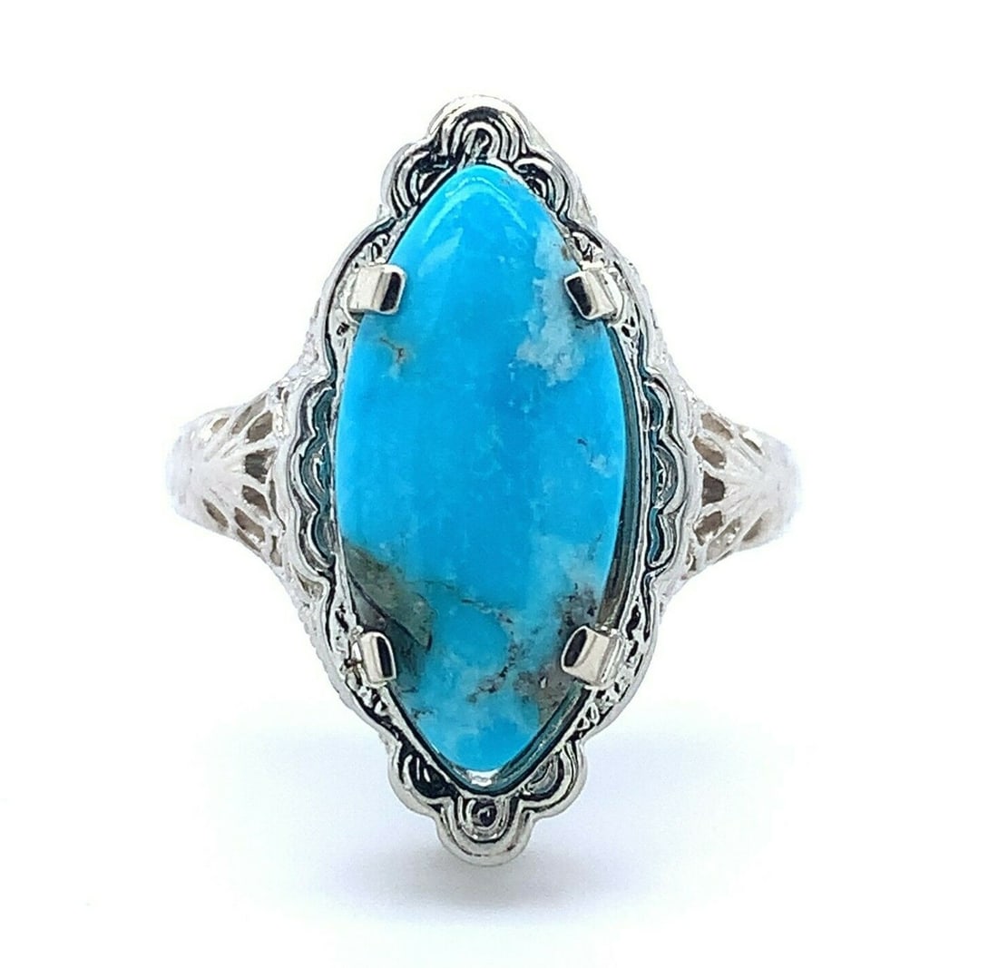 14k Gold Art Deco Turquoise Marquise Filigree Ring GIA Certified (1 of 9)