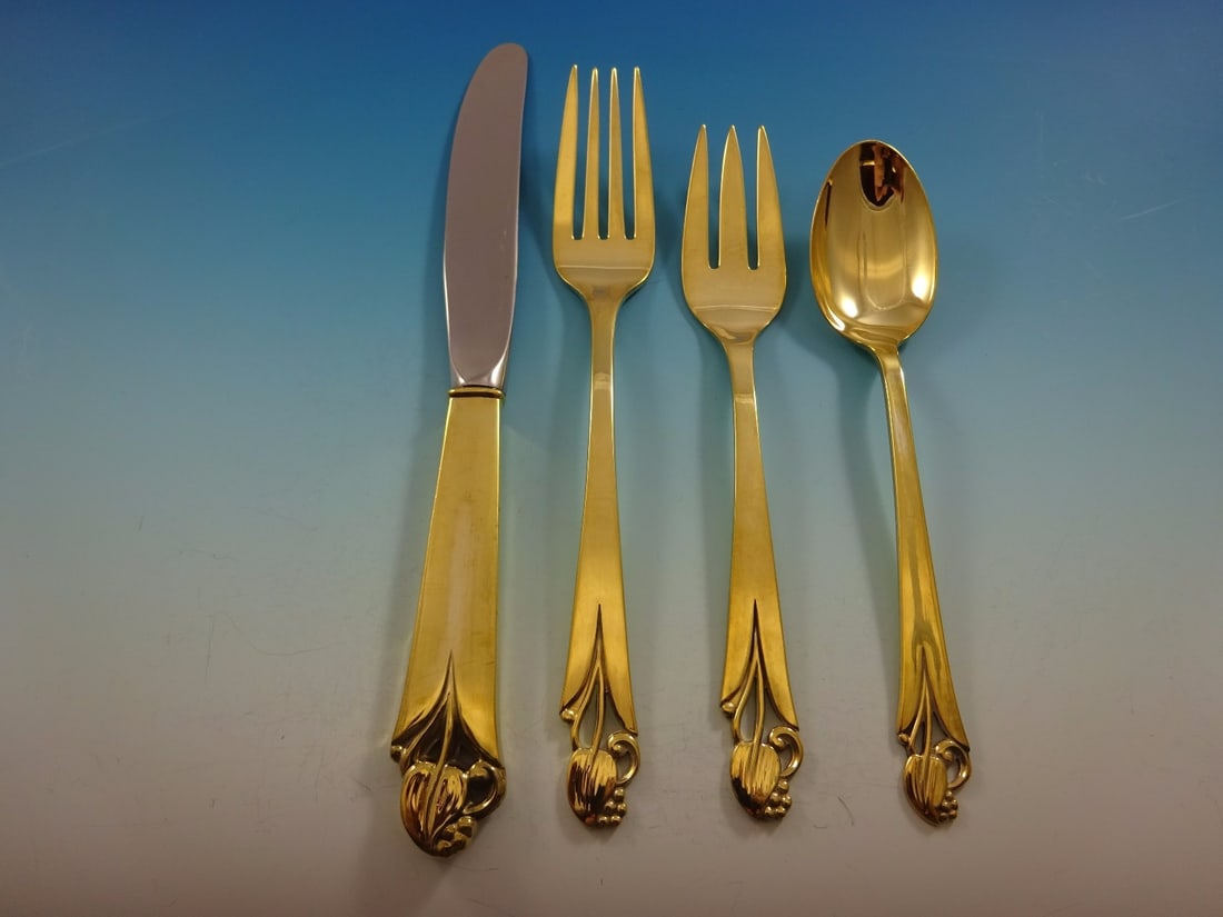 Frank Smith Woodlily Gold Vermeil Sterling Silver Flatware Set for 6 with Storage Caddy: Frank Smith Woodlily Gold Vermeil Sterling Silver Flatware Set for 6 with Storage Caddy Elevate your dining experience with this exquisite Woodlily Gold flatware set by Frank Smith. Crafted from high-