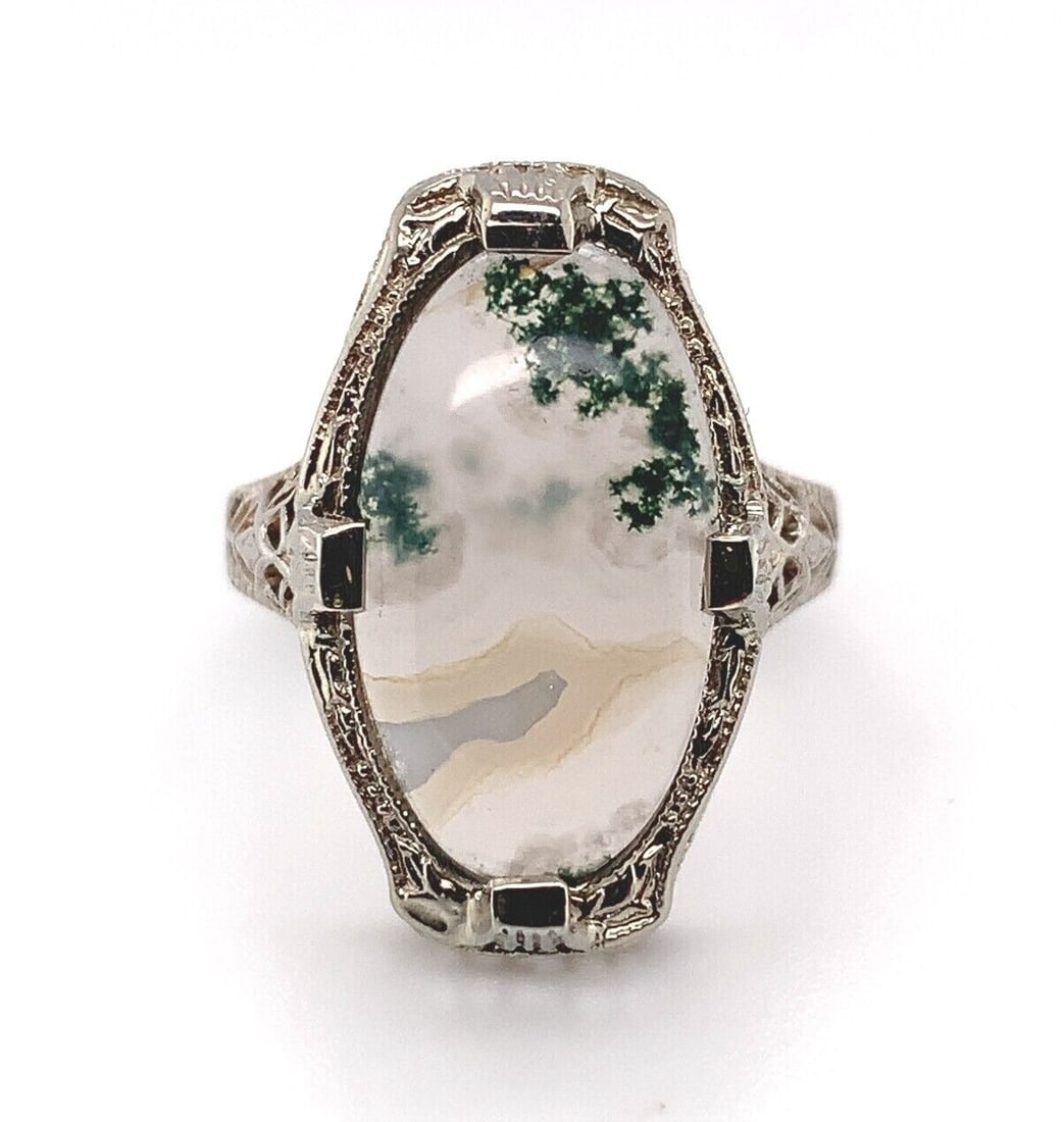 14k White Gold Filigree Ring with Oval Moss Agate Vintage 1920s (1 of 10)