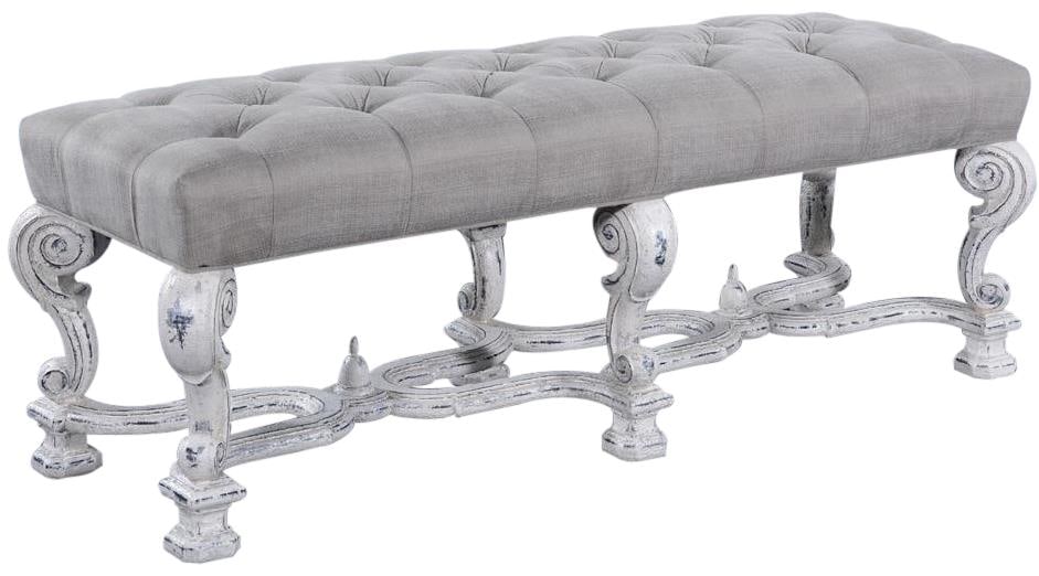 Antique Style Catalan Bench with Tufted Fabric and Nailhead Trim: Antique Style Catalan Bench with Tufted Fabric and Nailhead Trim This Vintage Style Catalan Bench embodies a charming antique aesthetic with its tufted fabric and elegant Baroque style. It features ba