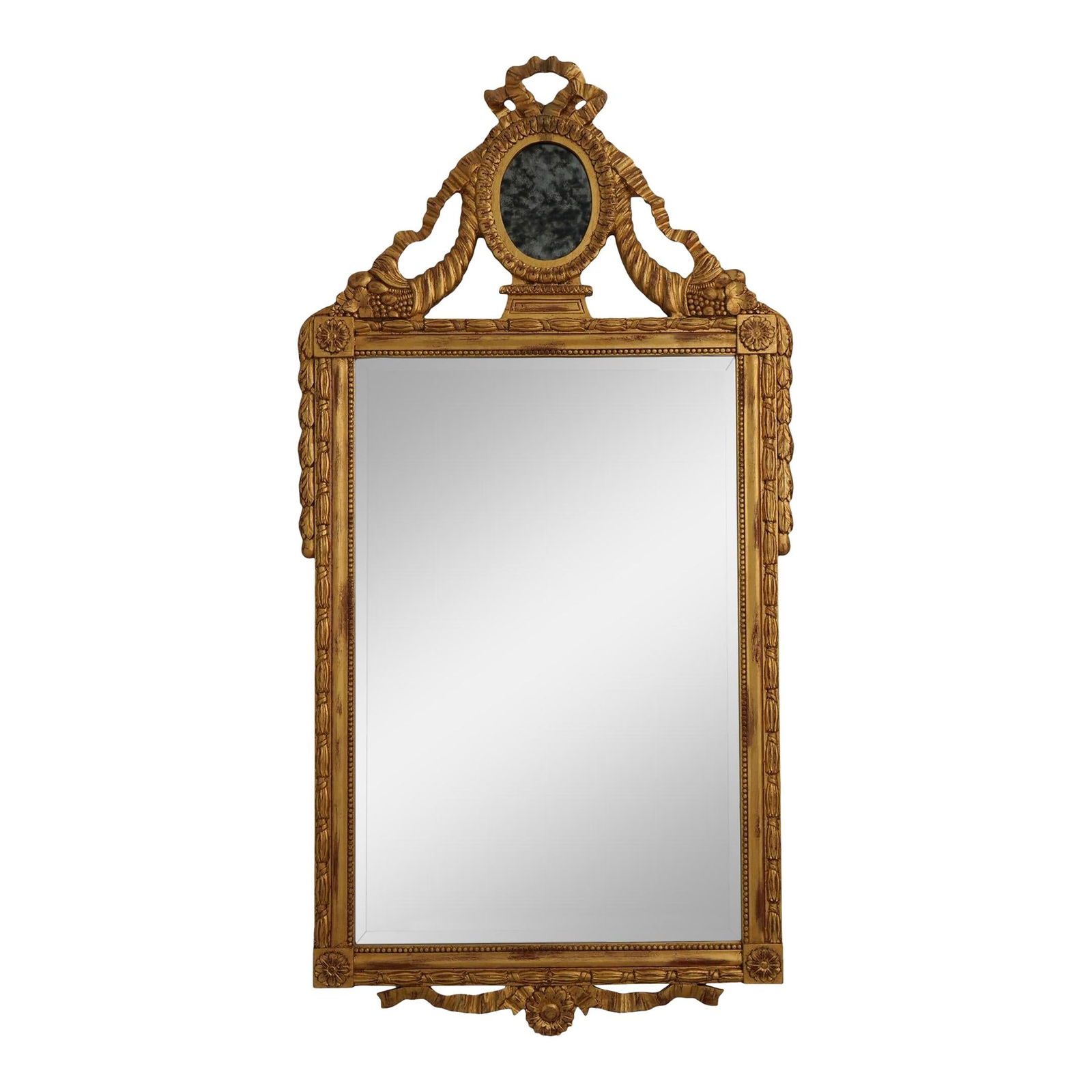 Labarge LM-0466 Gold Frame Mirror with Ribbon Carved Crest: Labarge LM-0466 Gold Frame Mirror with Ribbon Carved Crest This elegant Labarge LM-0466 Gold Frame Decorator Mirror features a beautifully ribbon carved crest and beveled glass, showcasing quality con