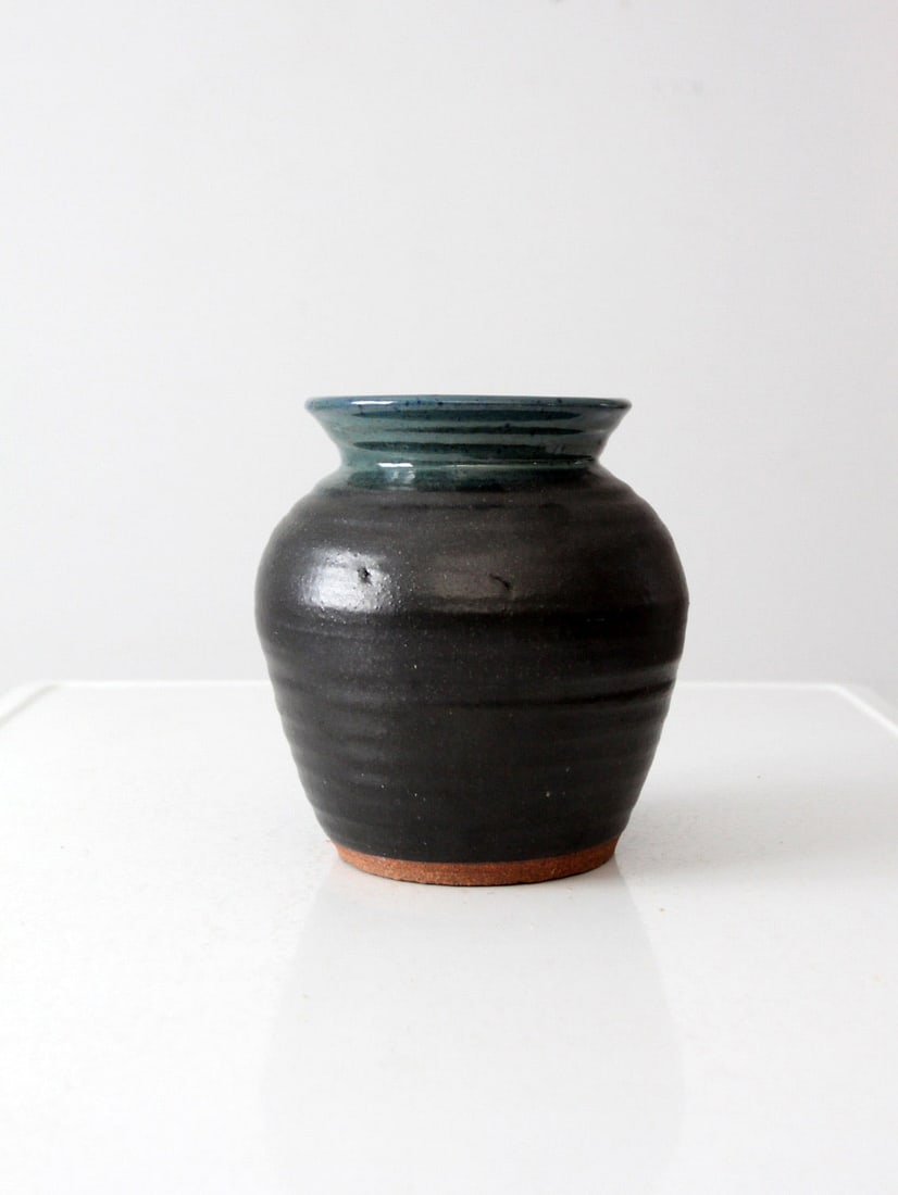 Vintage Studio Pottery Vase 8.25 Inch Black Glaze Turquoise Rim (1 of 10)