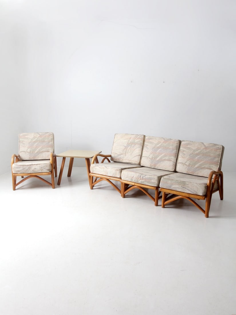 Vintage Rattan Sectional Couch Lounge Chair Set with Side Table (1 of 18)