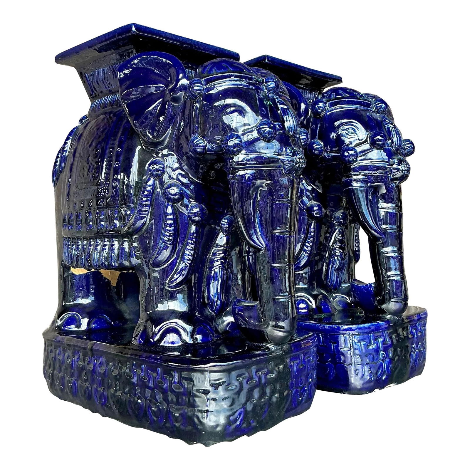 Pair of Vintage Regency Cobalt Blue Glazed Ceramic Elephant Stools (1 of 9)