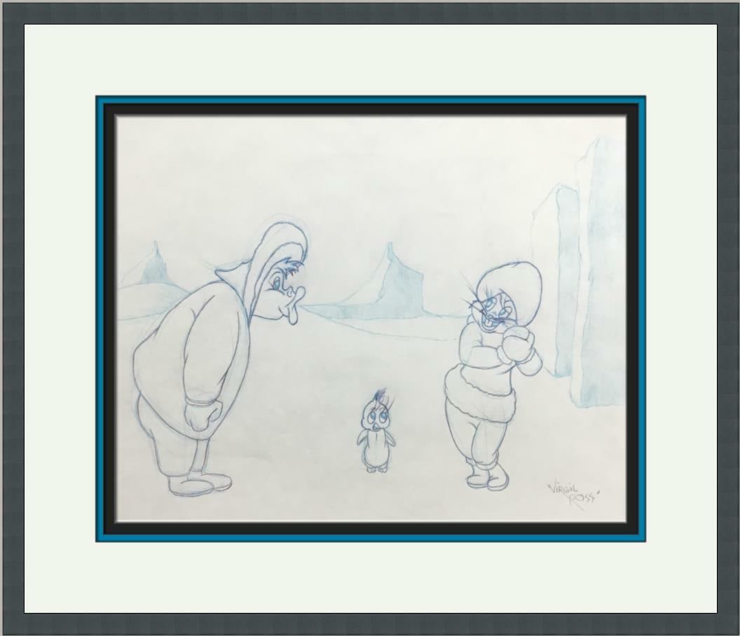 Bugs Bunny Eskimo Penguin Signed Concept Drawing by Virgil Ross: Bugs Bunny Eskimo Penguin Signed Concept Drawing by Virgil Ross This original concept production drawing features the beloved characters Bugs Bunny, Eskimo, and Penguin, illustrated by the legendary a