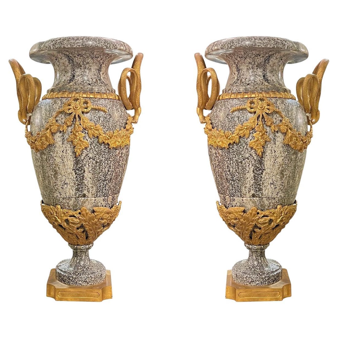 Set of 2 French Louis XVI Marble Vases with Gilt Bronze Mounts: Set of 2 French Louis XVI Marble Vases with Gilt Bronze Mounts This pair of large Louis XVI style vases is expertly crafted from variegated white and charcoal marble, featuring gilt bronze mounts. Dec