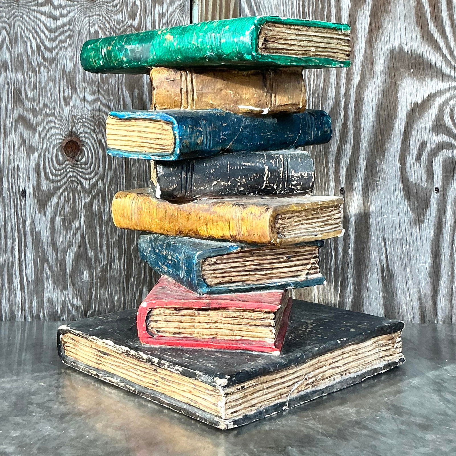 Whimsical Vintage Boho Polychrome Plaster Book Stack Table - 2