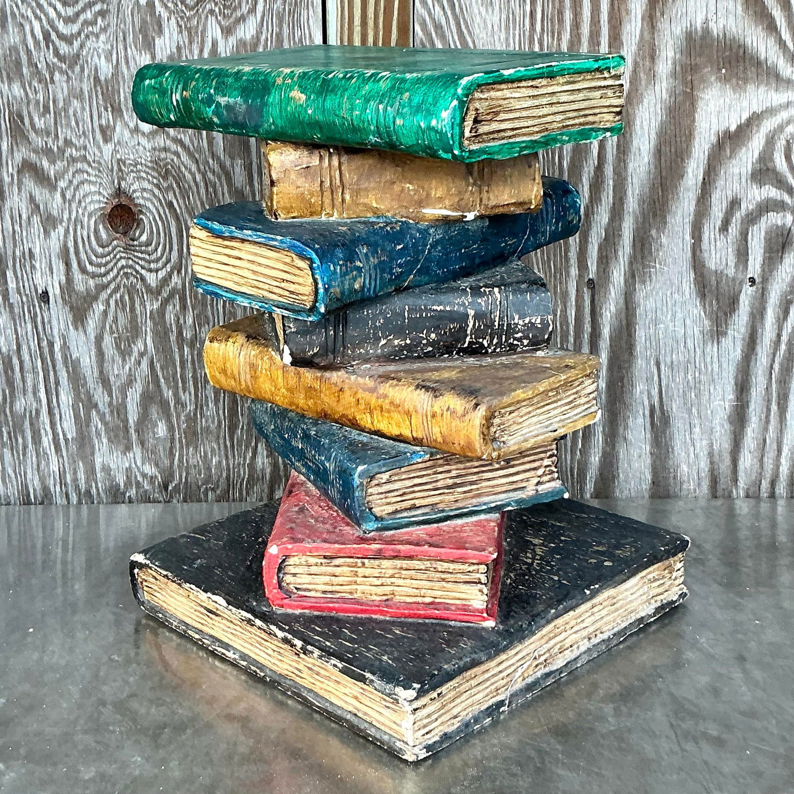 Whimsical Vintage Boho Polychrome Plaster Book Stack Table - 3
