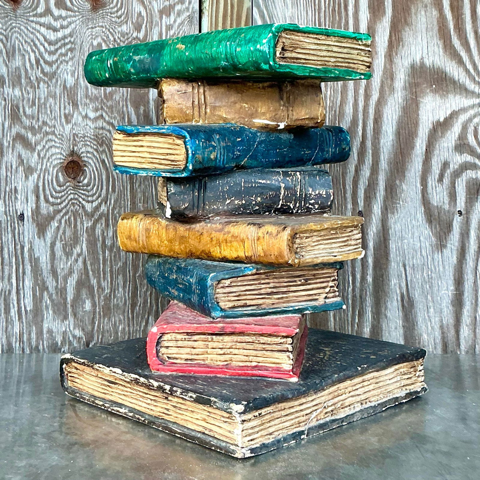 Whimsical Vintage Boho Polychrome Plaster Book Stack Table - 4
