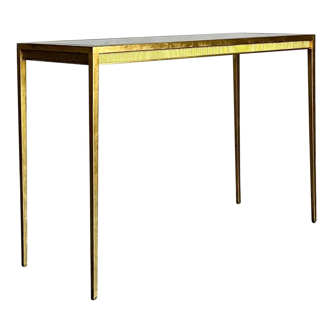 Hollywood Regency Console Table Gilt Metal with Reeded Apron 48" Wide: Hollywood Regency Console Table Gilt Metal with Reeded Apron 48" Wide This vintage Regency console table showcases Hollywood Regency style with its clean lines and rich gold gilt metal finish. The min