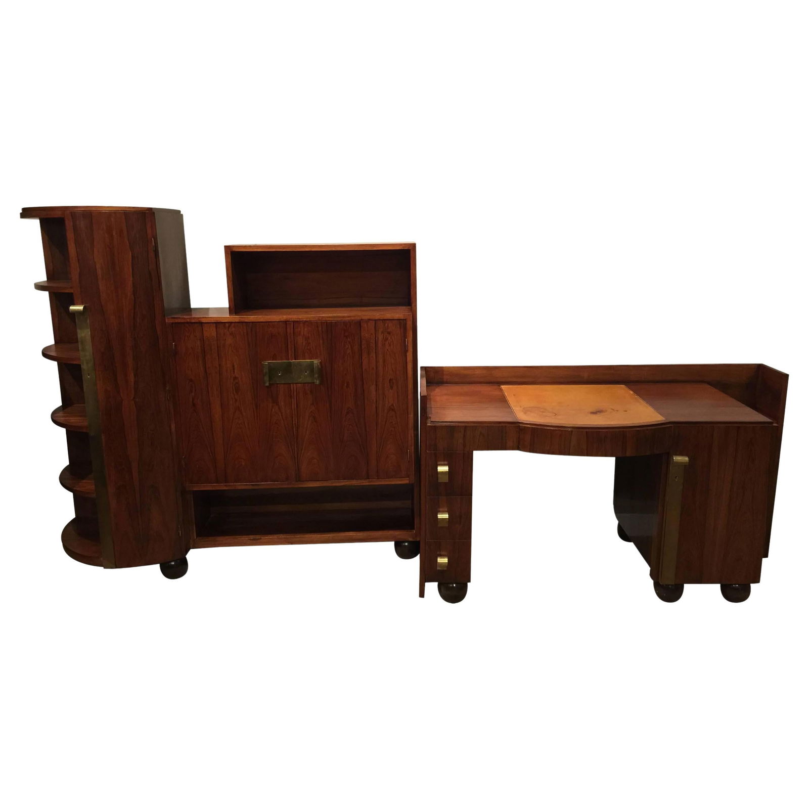 French Art Deco Rosewood Desk and Bookcase Set 1930s Elegant Design: French Art Deco Rosewood Desk and Bookcase Set 1930s Elegant Design This exquisite French Art Deco Rosewood Desk and Bookcase set, manufactured in the 1930s, showcases a stylish design and remarkable