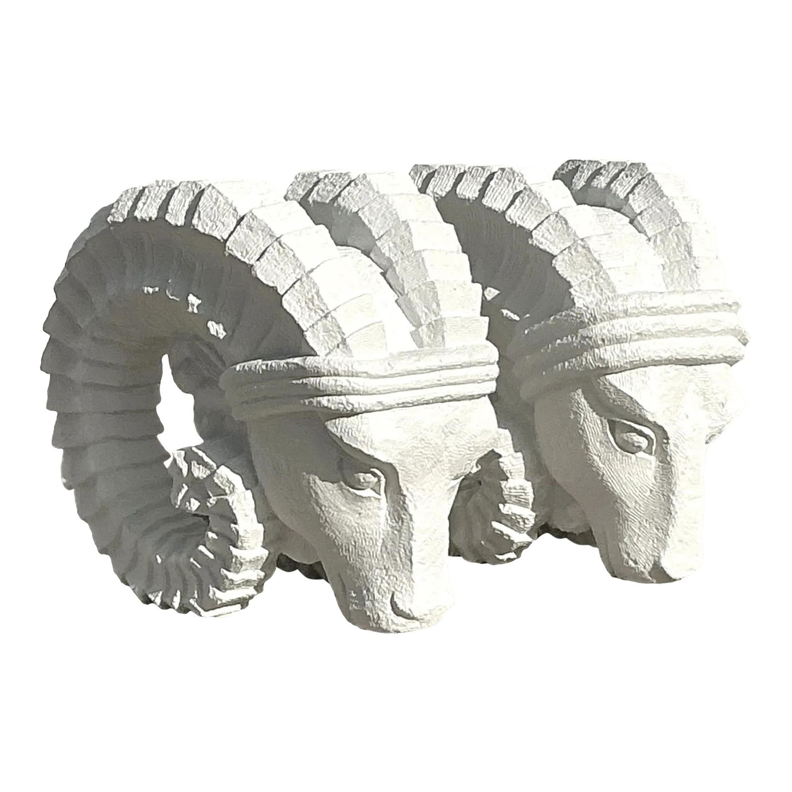 Vintage Boho Plaster Ram Heads Sculpture Set of 2: Vintage Boho Plaster Ram Heads Sculpture Set of 2 This exquisite set of two Vintage Boho plaster Ram Heads makes a striking architectural statement for both indoor and outdoor spaces. Featuring intric