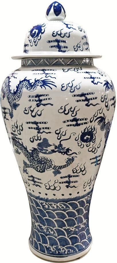 Handmade Blue White Sea Dragon Temple Jar 38H Chinoiserie Style: Handmade Blue White Sea Dragon Temple Jar 38H Chinoiserie Style This exquisite sea dragon temple jar is a stunning addition to any decor. Crafted from high-quality ceramic, this extra-large jar featur