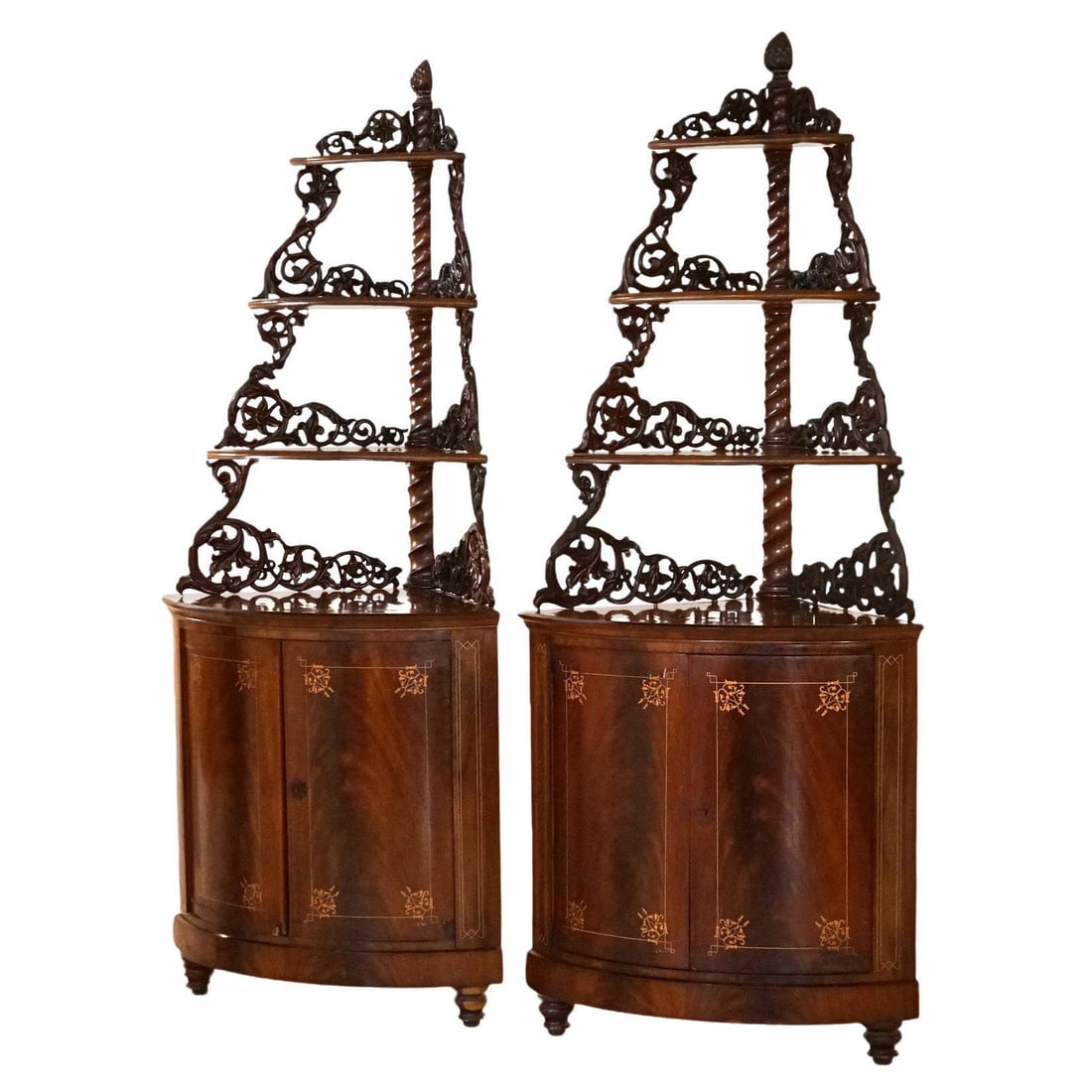 Pair of 1870 Mahogany Corner Display Cabinets With Inlay and Carved Detailing (1 of 18)