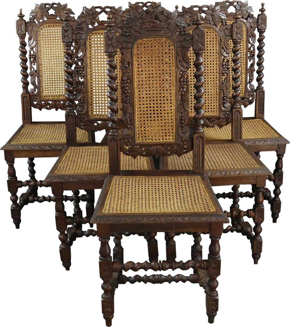 Vintage 1880 French Oak Dining Chairs with Cane Seats: Vintage 1880 French Oak Dining Chairs with Cane Seats This set of Antique French Oak Dining Chairs, dating back to 1880, showcases the charm of French Country style. Crafted from oak with cane seats,