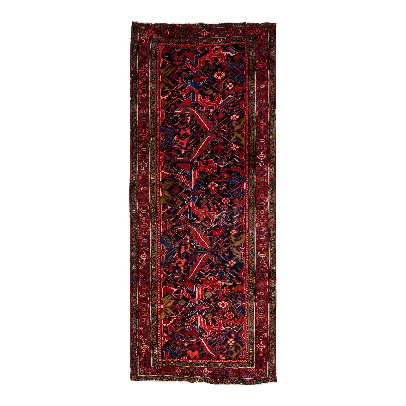 Vintage Persian Hamadan Navy Blue Wool Runner 4' x 9'9": Vintage Persian Hamadan Navy Blue Wool Runner 4' x 9'9" This exquisite vintage Persian Hamadan runner features a rich navy blue field adorned with a striking red frame and multicolor accents, showcasi