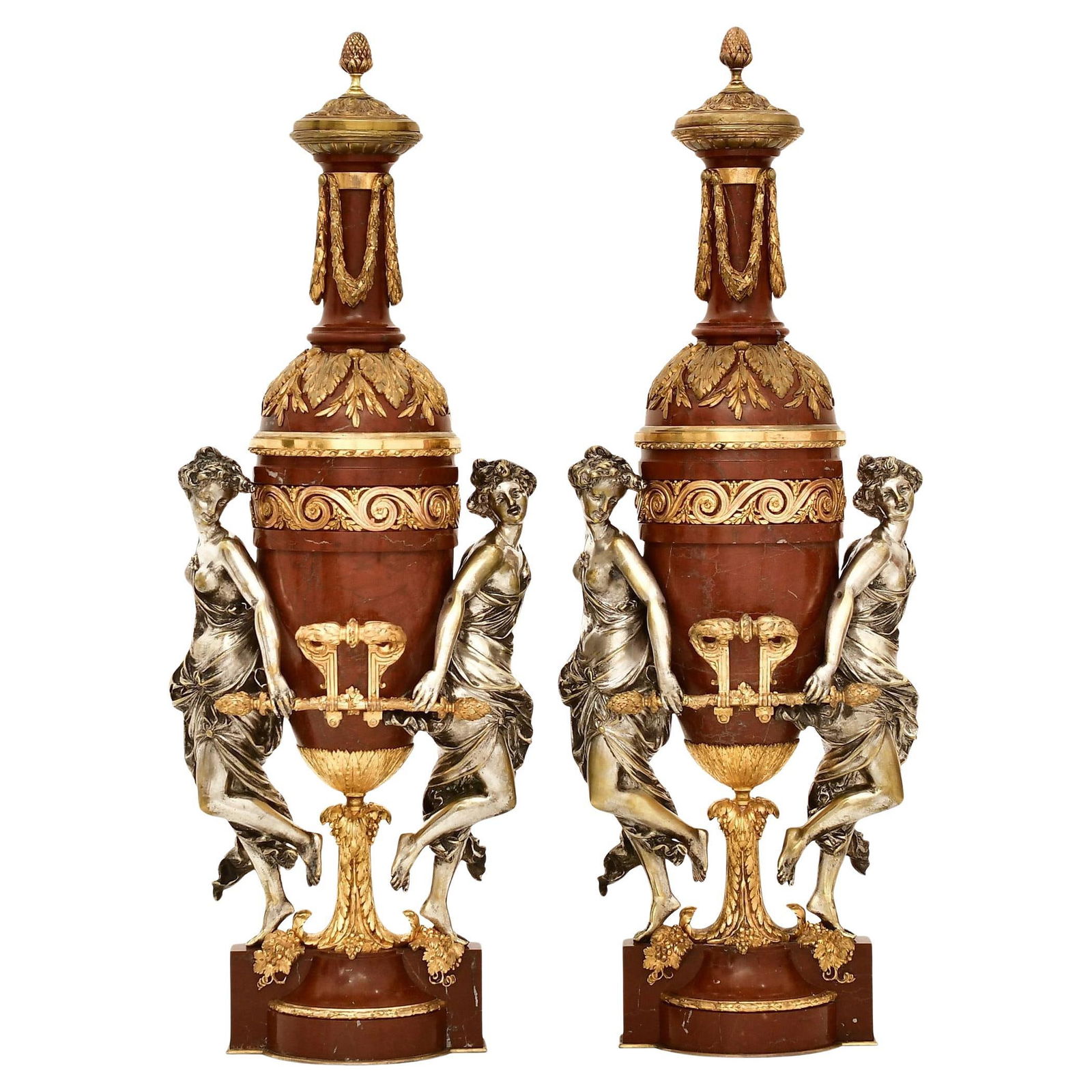 Large French Louis XVI Oil Lamps Pair Rouge Marble Gilt Bronze Maison Gagneau 19th Century (1 of 5)