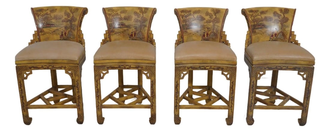 Set of Four Chinoiserie Paint Decorated Counter Stools with Leather Seats (1 of 10)