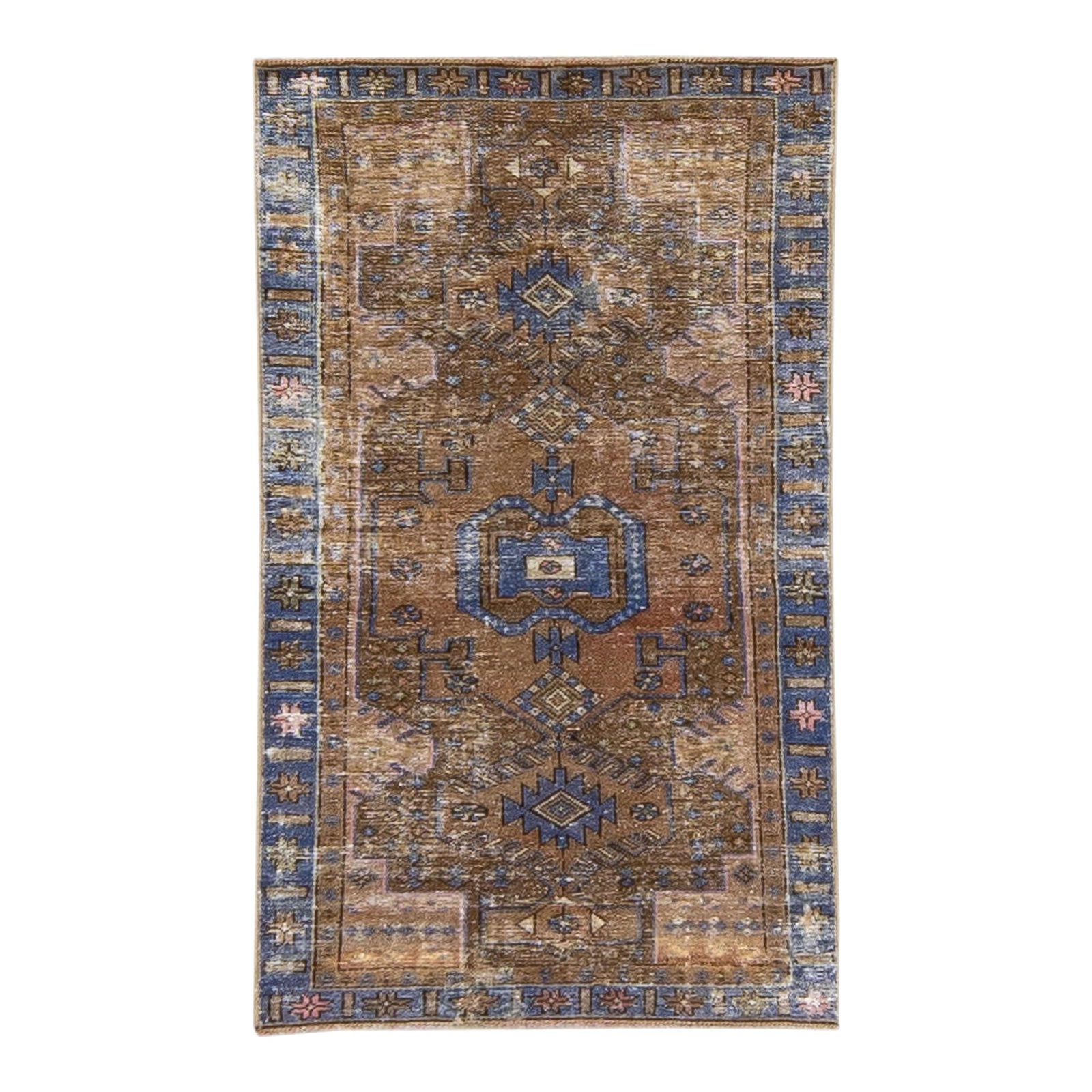 1960s Vintage Persian Hand-Knotted Wool Medallion Rug 2'9 x 4'9: 1960s Vintage Persian Hand-Knotted Wool Medallion Rug 2'9 x 4'9 This beautiful vintage Persian rug features a distressed hand-knotted design, showcasing a rich brown color field accented by a navy blu