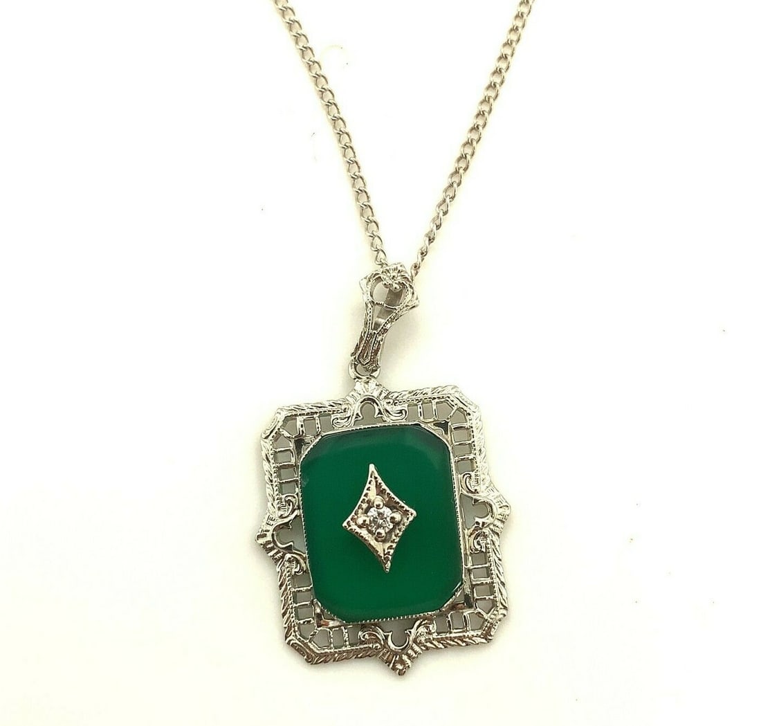 Vintage 10k White Gold Art Deco Pendant Green Onyx Diamond Necklace (1 of 8)