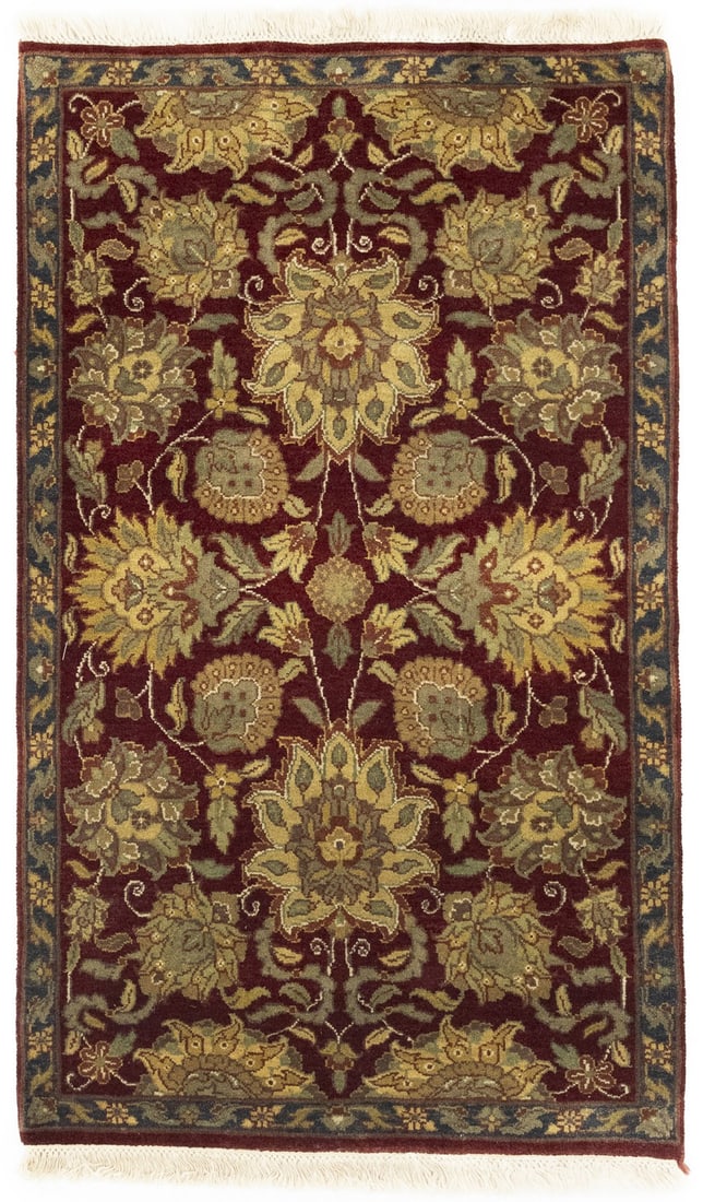 Hand-Knotted Wool 3x5 Floral Area Rug Modern Indian Carpet: Hand-Knotted Wool 3x5 Floral Area Rug Modern Indian Carpet This hand-knotted area rug from India features a medium-thick pile with a traditional floral design in shades of red, cream, beige, gold,