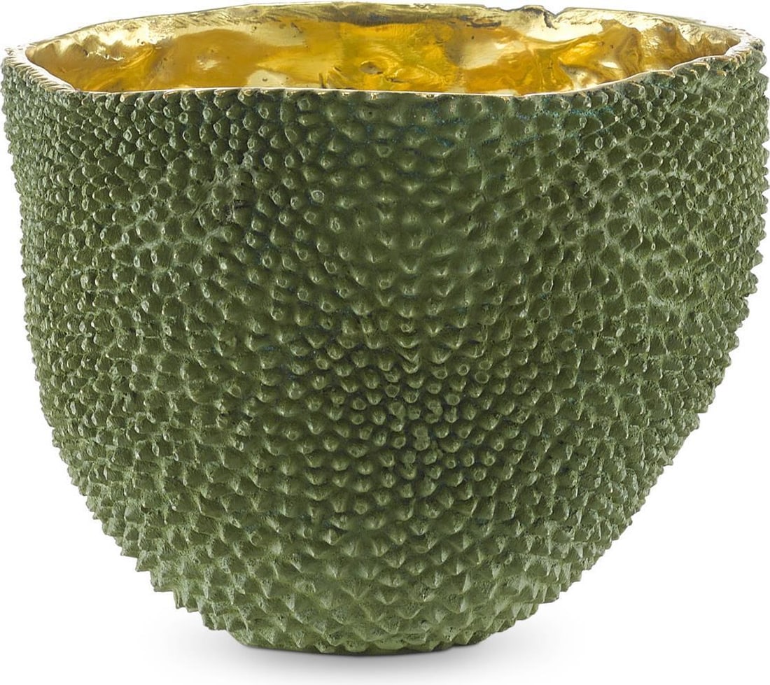 Currey Jackfruit Large Green Bronze Vase with Gold Finish: Currey Jackfruit Large Green Bronze Vase with Gold Finish Elevate your decor with this stunning Large Green Vase from the Jackfruit collection, crafted by Currey. This vase features a beautiful green