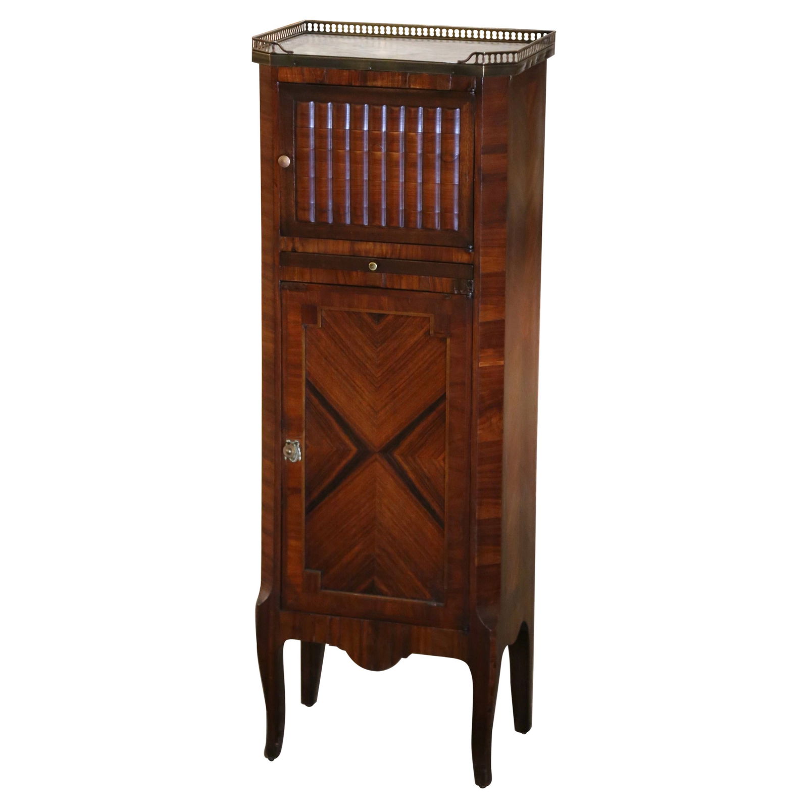 19th Century French Louis XV Rosewood Cabinet with Marble Top and Faux Book Door: 19th Century French Louis XV Rosewood Cabinet with Marble Top and Faux Book Door This exquisite 19th Century French Louis XV cabinet is a stunning addition to any decorative space. Crafted in France a