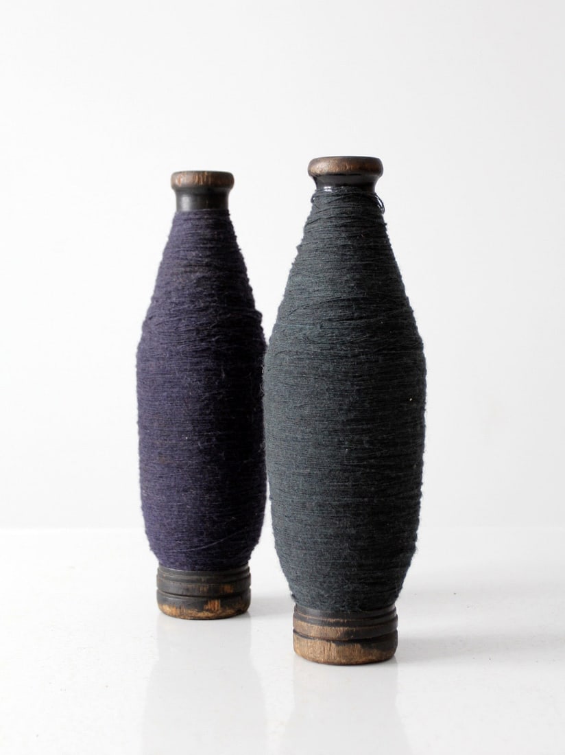 Set of Two Antique Wooden Tapered Thread Spools with Blue and Green Yarn (1 of 7)