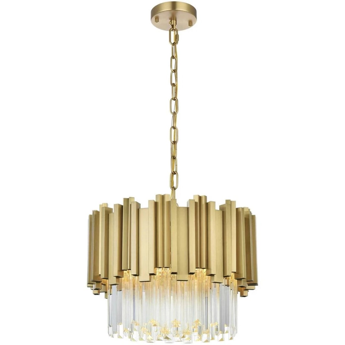 Willow 16 Inch Satin Gold Crystal Chandelier with Adjustable Chain: Willow 16 Inch Satin Gold Crystal Chandelier with Adjustable Chain This modern chandelier features a satin gold frame and clear royal cut crystal accents, creating an elegant focal point for living ro