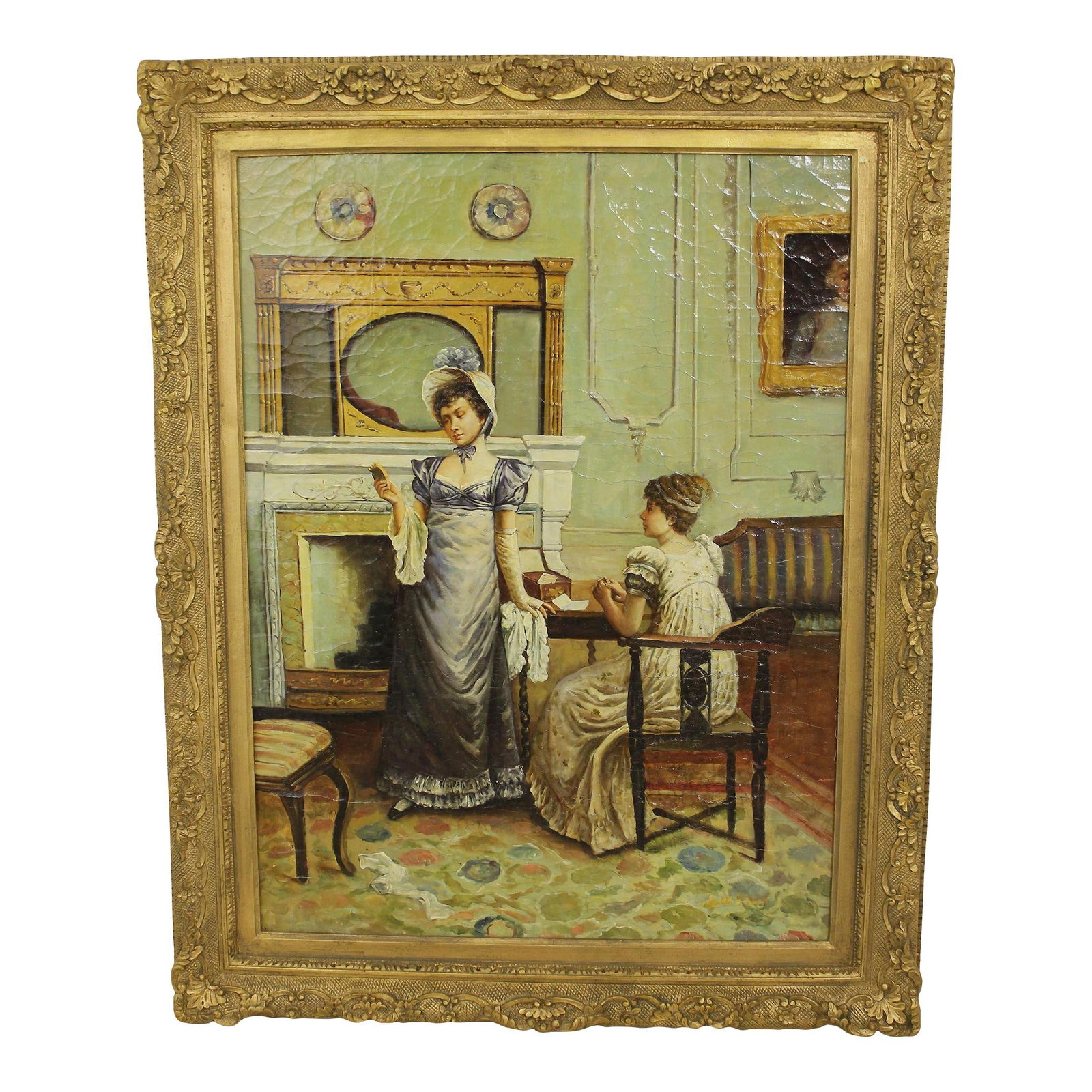 Artist Signed Vintage Oil Painting 2 Victorian Girls Gold Frame (1 of 10)