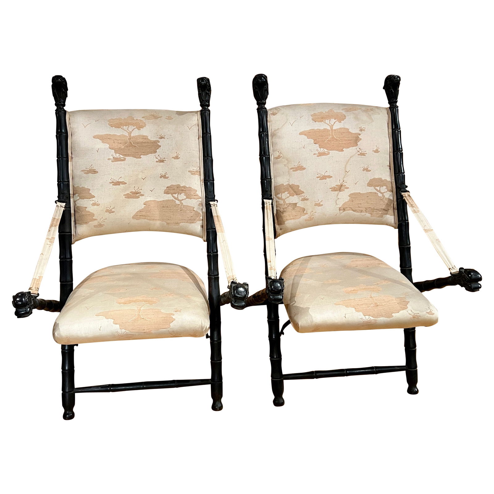 Rare 19th Century Pair of Brighton Pavilion Campaign Chairs: Rare 19th Century Pair of Brighton Pavilion Campaign Chairs This exquisite pair of Georgian Brighton Pavilion campaign chairs is a remarkable representation of 19th-century Chinese Export style. These