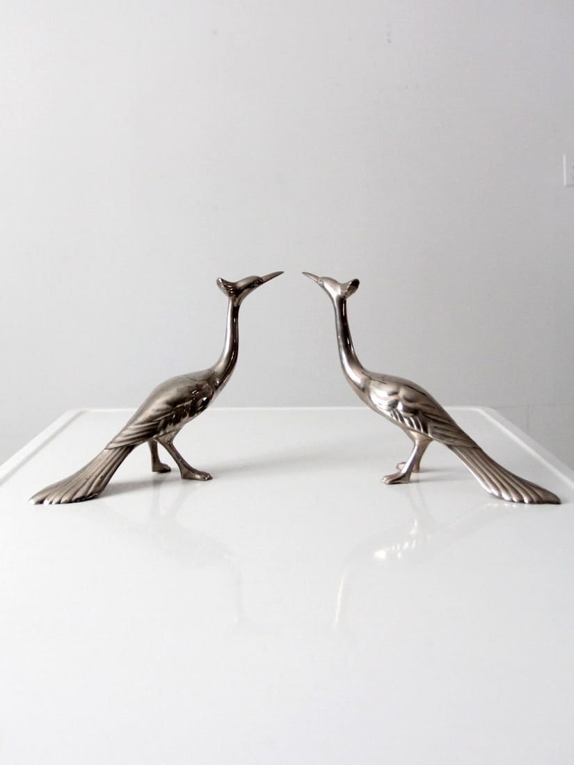 Vintage Mid-Century Silver Tone Peacock Figurines Pair 8 Inch (1 of 10)