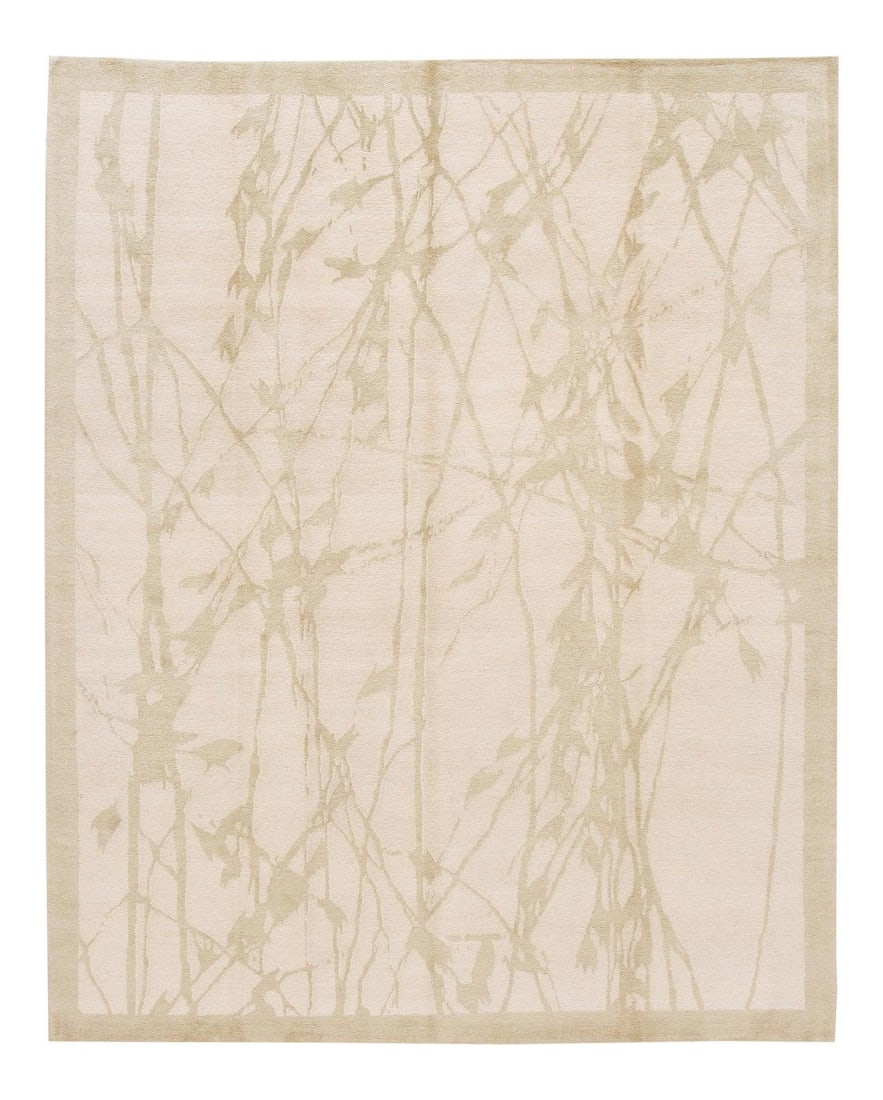 Hand-Knotted Modern Tibetan Wool Rug 8' x 9'11 Ivory: Hand-Knotted Modern Tibetan Wool Rug 8' x 9'11 Ivory This exquisite hand-knotted Tibetan rug features an elegant ivory field adorned with tan accents, showcasing a contemporary design that complements