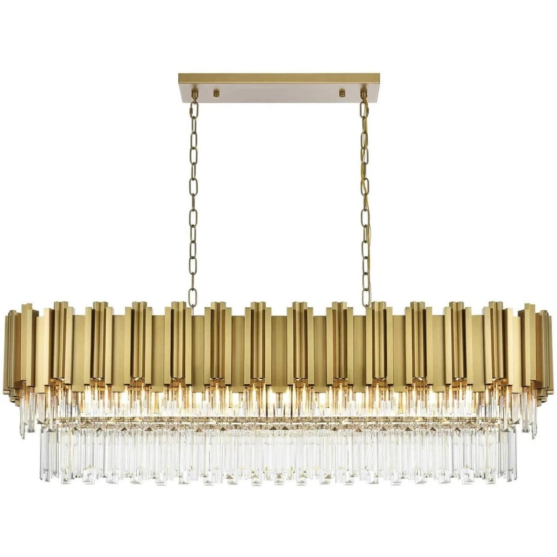 Willow Modern 12-Light Crystal Chandelier in Satin Gold 47 Inch Rectangular Design: Willow Modern 12-Light Crystal Chandelier in Satin Gold 47 Inch Rectangular Design This modern chandelier features a satin gold frame with clear royal cut crystals, offering an elegant lighting soluti
