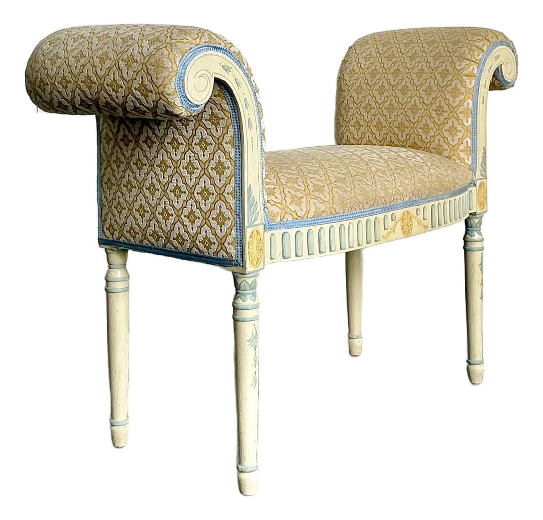 Hand Painted Bow Front Bench With Yellow Trellis Upholstery And Scroll Arms: Hand Painted Bow Front Bench With Yellow Trellis Upholstery And Scroll Arms This vintage Regency-style bench features high scroll arms and a gracefully curved bow-front seat, bringing a classic yet in