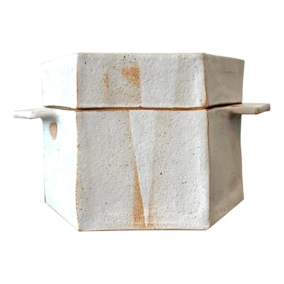 Modernist Earth-Tone Ceramic Storage Jar With Angular Lid Accent: Modernist Earth-Tone Ceramic Storage Jar With Angular Lid Accent This vintage geometric ceramic container features a minimalist angular design and is finished with natural earth-toned glazing in antiq