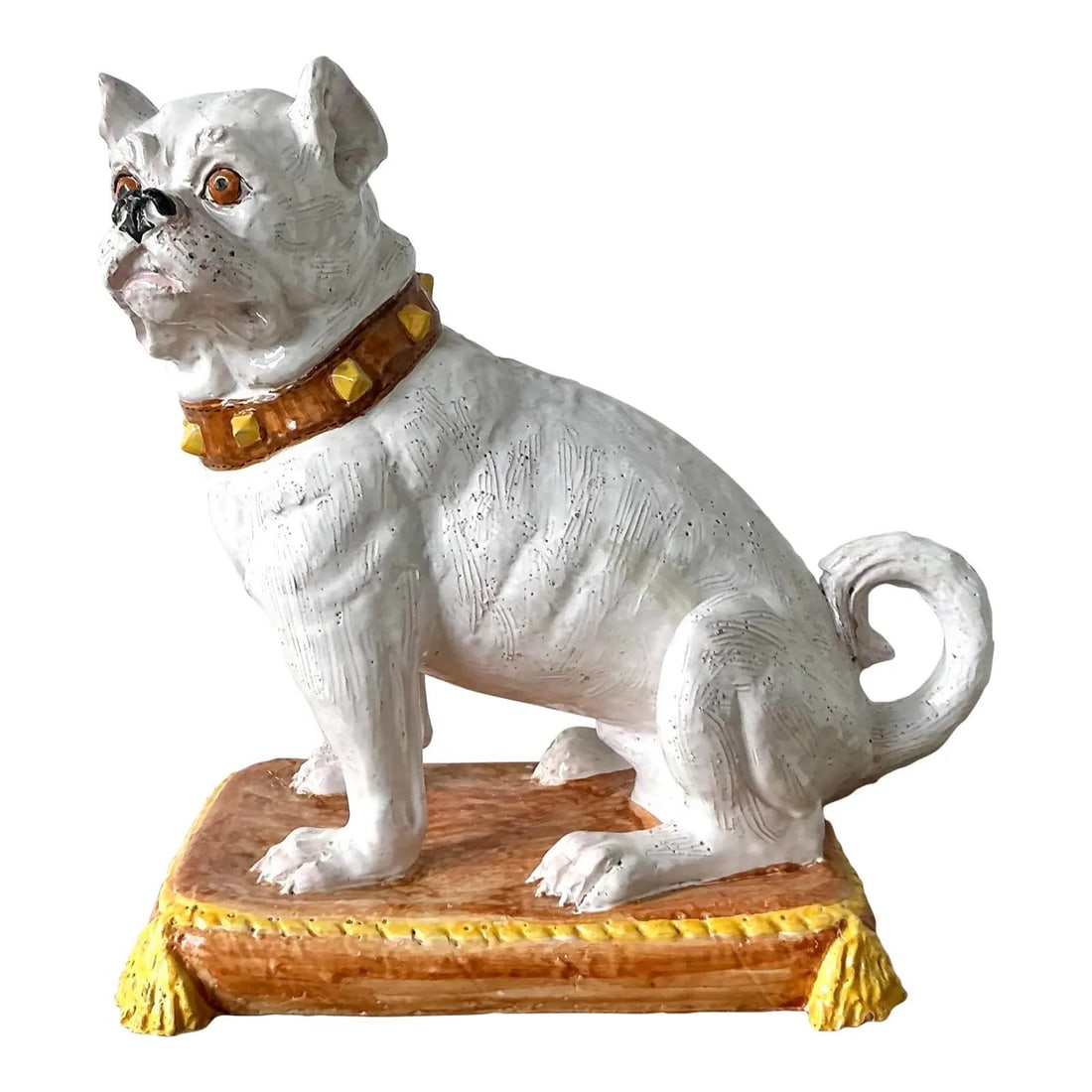 Majolica Bulldog Sculpture on Cushion Italian White Glazed Ceramic 17.75 Inch: Majolica Bulldog Sculpture on Cushion Italian White Glazed Ceramic 17.75 Inch This vintage Italian majolica sculpture depicts a bulldog seated on a tasseled cushion, expertly handcrafted and finished