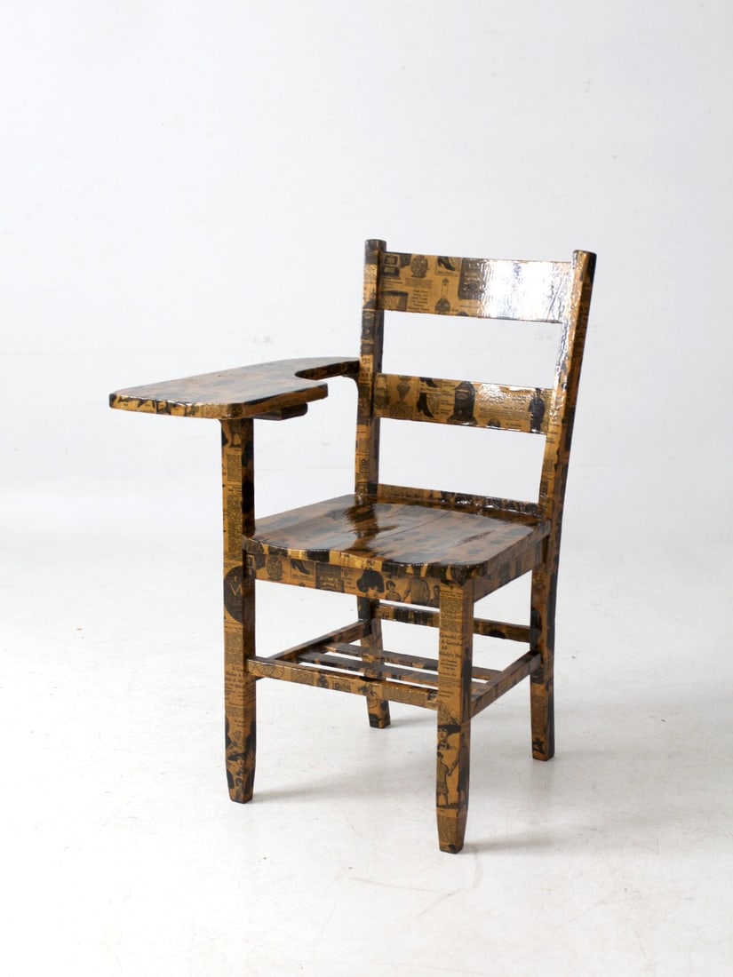 Student Desk Chair With Newspaper Decoupage and Writing Surface Early 1900s (1 of 14)