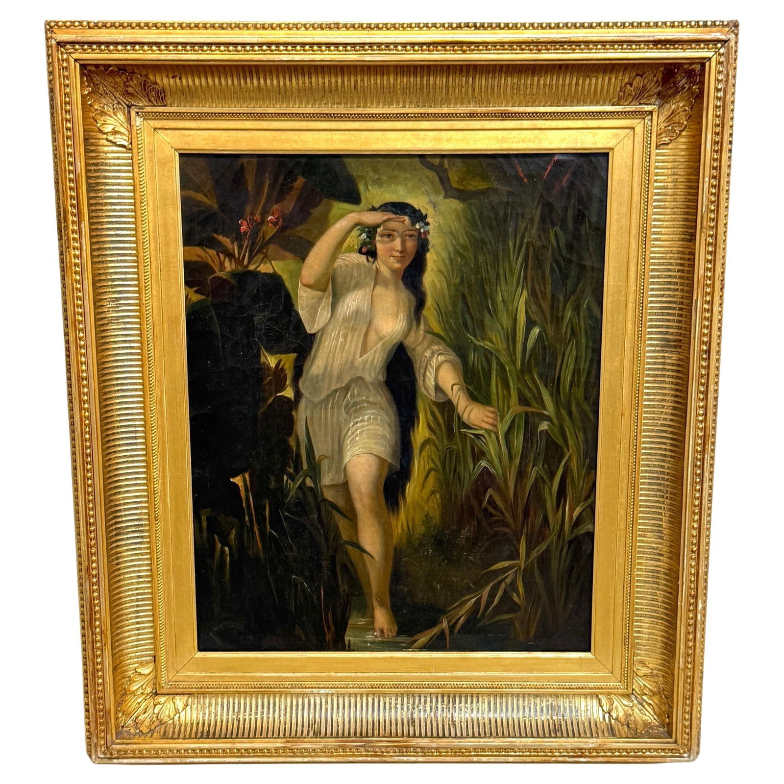 19th-Century Romantic Painting Undine Water Nymph Oil on Canvas Giltwood Frame: 19th-Century Romantic Painting Undine Water Nymph Oil on Canvas Giltwood Frame This exquisite mid-19th-century Romantic painting depicts Undine, the mythical water nymph, an enchanting subject from Fr