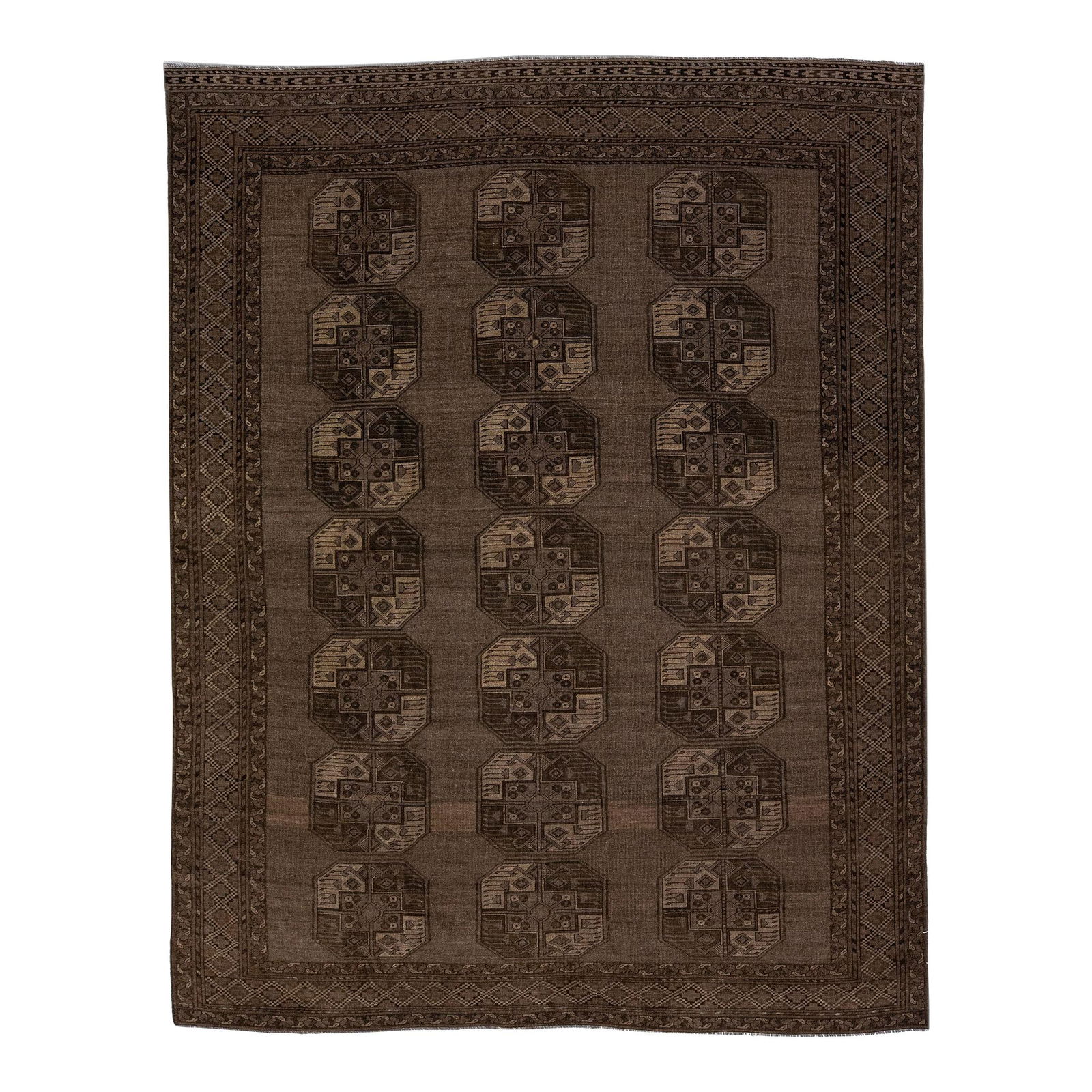 1930s Antique Turkmen Handmade Persian Wool Rug Brown Geometric Design: 1930s Antique Turkmen Handmade Persian Wool Rug Brown Geometric Design Experience the elegance of the 1930s with this antique Turkmen handmade wool rug, showcasing a stunning all-over Gul pattern in r