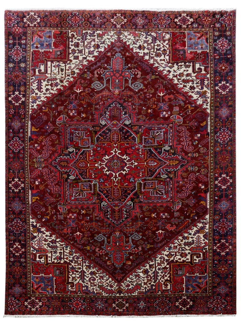 Handcrafted 9.9 x 12.11 Persian Heriz Rug in Rich Red: Handcrafted 9.9 x 12.11 Persian Heriz Rug in Rich Red Free continental US Shipping Discover the beauty of this stunning 9.9 x 12.11 Antique Persian Heriz Hand-knotted Rug, a true masterpiece handcraft