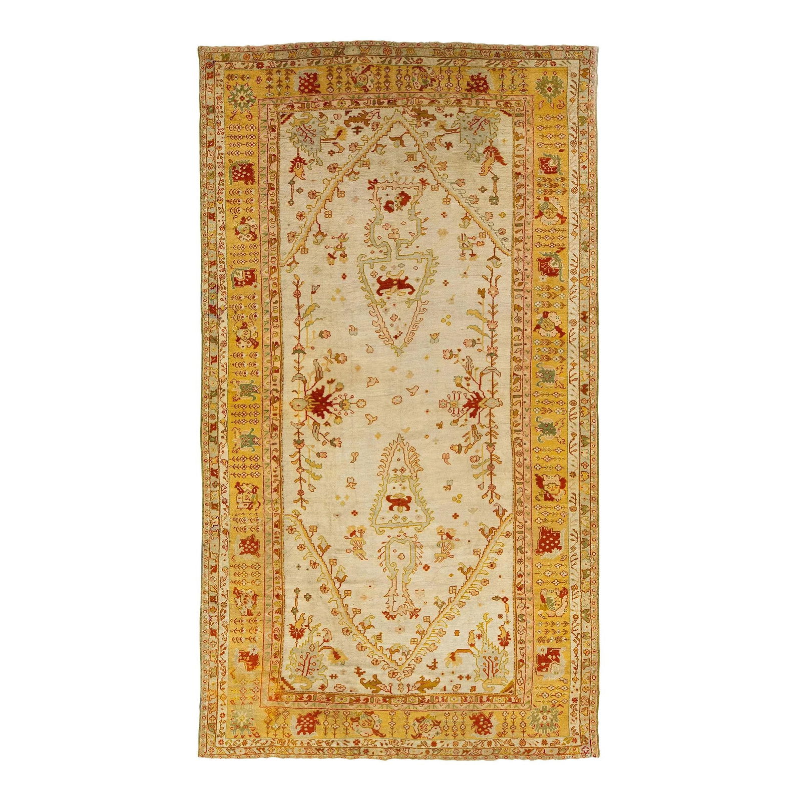 Antique 19th Century Turkish Oushak Wool Rug Beige Floral Design 9'9 x 17'6: Antique 19th Century Turkish Oushak Wool Rug Beige Floral Design 9'9 x 17'6 This exquisite 19th Century Turkish Oushak wool rug features a charming beige base with meticulous hand-knotted craftsmanshi