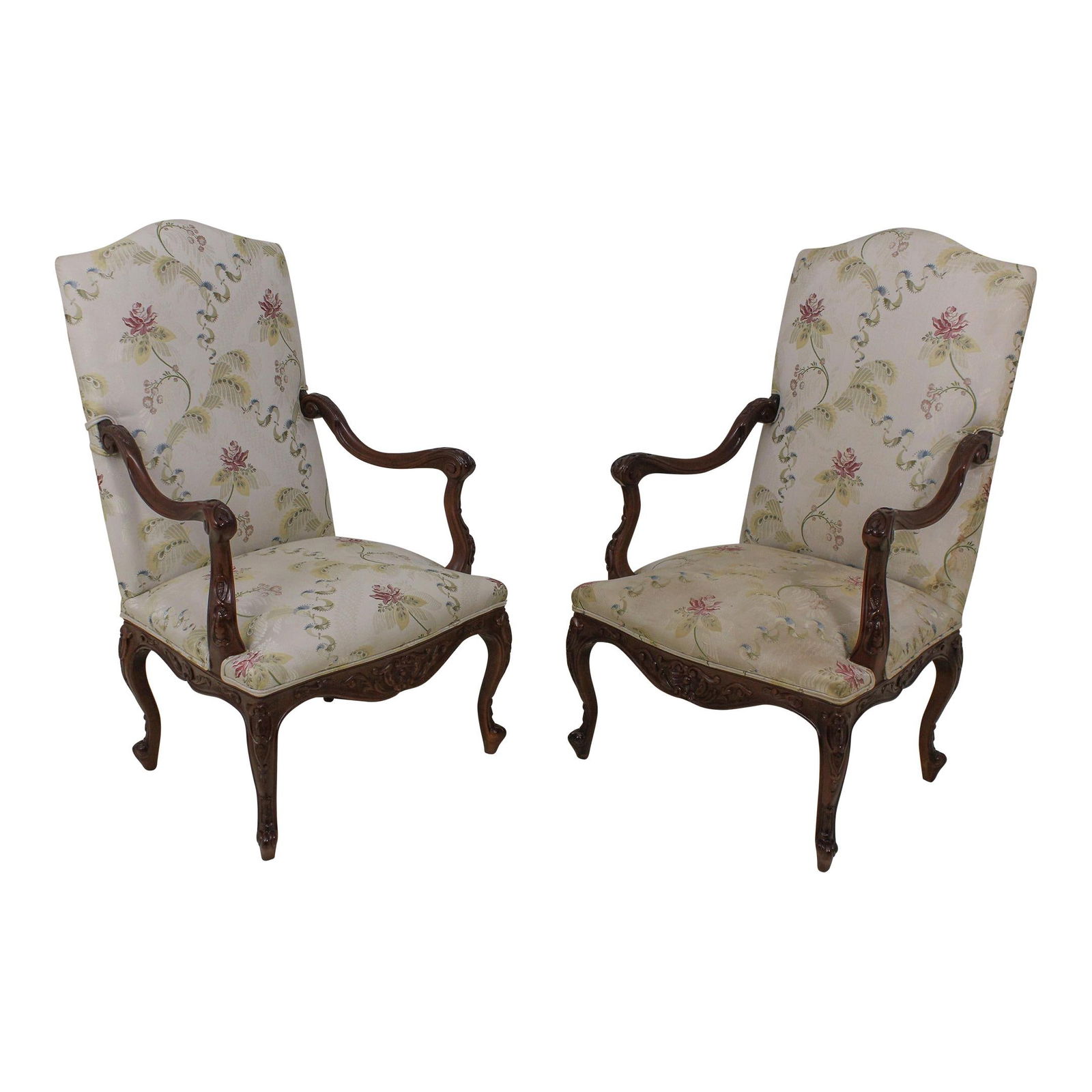 Elegant Pair of French High Back Chairs Silk Blend Upholstery Walnut Finish: Elegant Pair of French High Back Chairs Silk Blend Upholstery Walnut Finish This exquisite pair of high back open arm French chairs showcases a silk blend upholstery with a sophisticated walnut finish